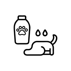 Dog grooming scene with shampoo bottle paw print and wet dog outline icon
