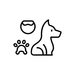 Outline drawing of a dog with a paw print and a food bowl icon set