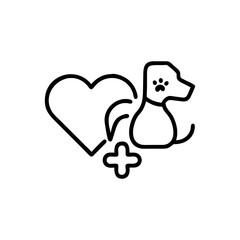 Outline drawing of a dog with a heart and plus sign representing care