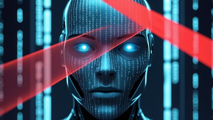Futuristic female android with glowing blue eyes, surrounded by binary code and red laser lines, portraying advanced technology.