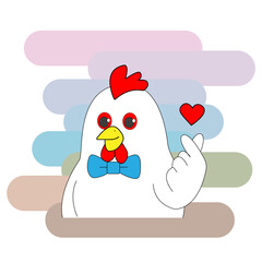 Rooster or hen in blue butterfly showing heart. Illustration. Children's illustration for packaging or cafe logo. Vector, all details separate, background, bird shows love