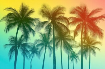 Silhouettes of palm trees against a vibrant sunset gradient