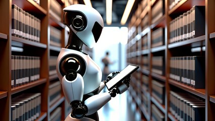 Robot librarian managing books in modern library
