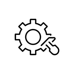 Illustration of a gear and a wrench in black outline on white background