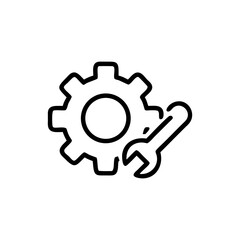 Outline illustration of a gear with a wrench leaning against the gear