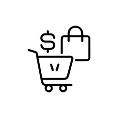 Outline drawing of shopping cart dollar symbol and shopping bag icon art