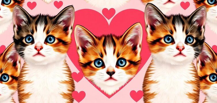 Adorable calico kitten heads form a seamless heart-shaped Valentine's Day pattern , tile, graphic