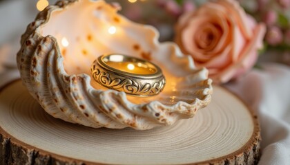 Golden ring resting on a seashell with soft glow and rose background  