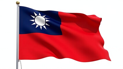 3D realistic rendering of the Taiwan flag isolated on a white background. Red field with a blue canton and white sun with 12 rays. Clean design with soft textile folds and high detail.