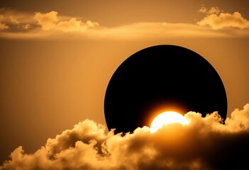 Obraz premium Bold black silhouette of sun playfully peeking from behind a fluffy cloud, icon, clipart