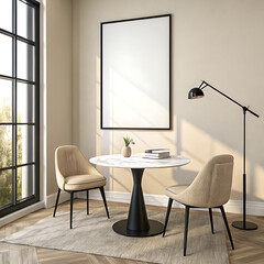 Modern minimalist dining room with marble table and beige chairs