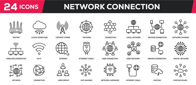 Set of collection line icons related enetwork, connection, information technology. Editable stroke. Perfect pixel on transparent background
