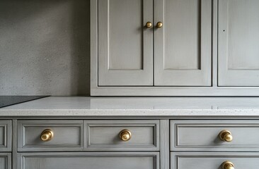 Gray kitchen cabinetry with gold knobs
