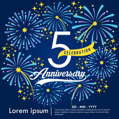 Naklejka premium 5th years anniversary celebration emblem. congratulations anniversary logo isolated with yellow ribbon and fireworks sparkle on blue background. vector illustration template design for web banner 