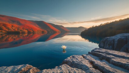 Lotus Flower Floating on Calm Lake with Mountain Reflection at Sunset