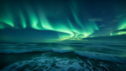 Ocean waves crash under vibrant aurora borealis - Powered by Adobe