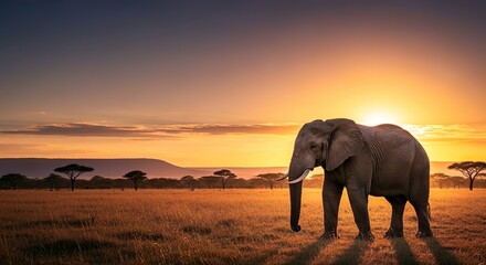 An elephant stands in a field at sunset with trees and a mountain in the background at golden hour
