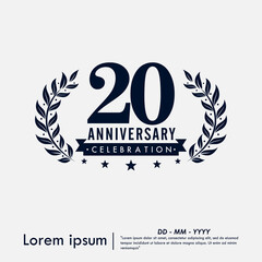 Obraz premium 20th years anniversary celebration emblem. congratulations anniversary logo isolated with ribbon and laurel wreath on white background. vector illustration template design for web 