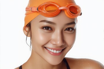 Close-up portrait of a smiling Asian swimmer wearing an orange swim cap and goggles against a white background in a studio, promoting fitness, healthy lifestyle and water sport enjoyment.
