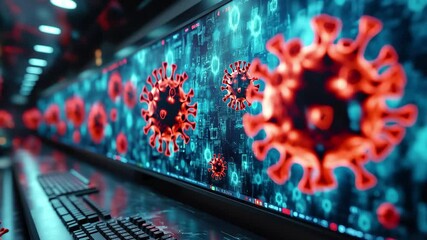Visual representation of a virus displayed on multiple computer screens in a dark environment - Powered by Adobe