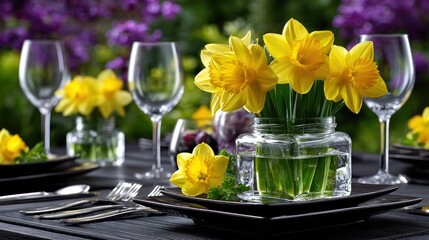 Springtime garden table setting with yellow daffodils