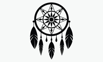 Dreamcatcher silhouette vector, tribal spiritual design, circular web with feathers