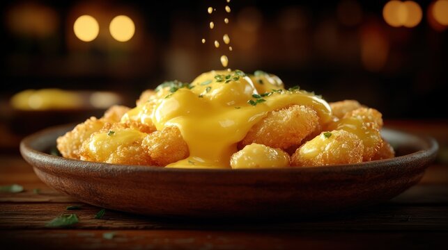 Cheese sauce drizzled over crispy tots on wooden plate