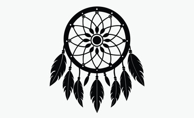 Dreamcatcher silhouette vector, tribal spiritual design, circular web with feathers