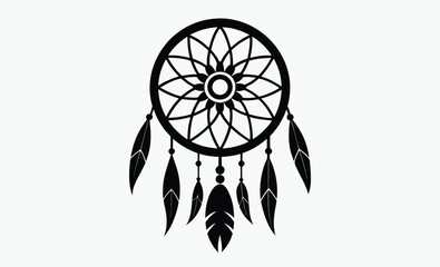 Dreamcatcher silhouette vector, tribal spiritual design, circular web with feathers