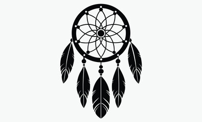 Dreamcatcher silhouette vector, tribal spiritual design, circular web with feathers