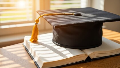 Graduation cap placed on an open book with sunlight streaming in  