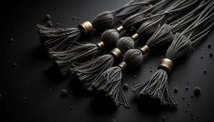 Graduation tassels arranged neatly on a dark surface with texture  