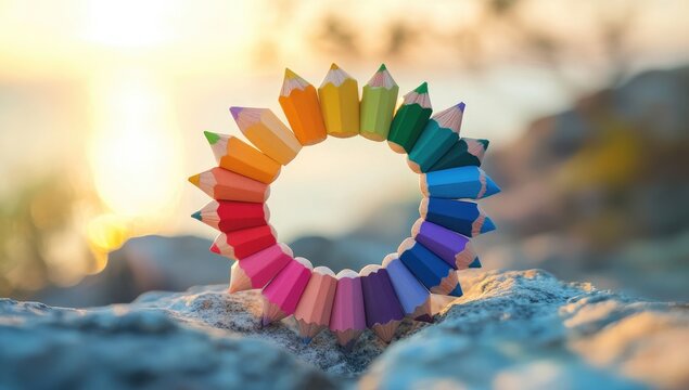 Colorful pencils arranged in a circle on rocks, sunset backdrop - Powered by Adobe