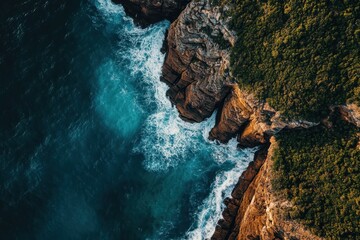Breathtaking aerial view of Diamond Bay reserve in Sydney showcasing dramatic cliffs and vibrant ocean waves, Diamond Bay reserve Sydney Australia Aerial view of cliff and ocean coast