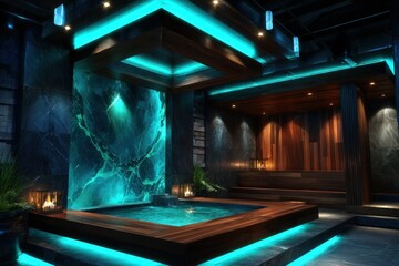 Luxurious spa interior, featuring teal accents and dark woods