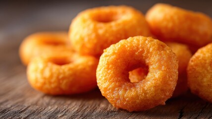Crunchy orange snacks stacked on a wooden surface, showcasing their unique shapes and textures.