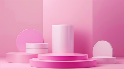 Pink podiums and geometric shapes create a modern display for product presentation in a studio setting