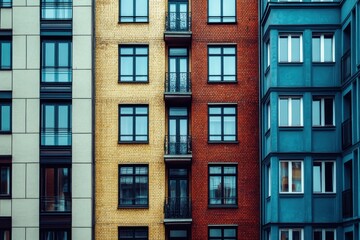 Fototapeta premium Stunning panorama of architectural buildings showcasing diverse colors and styles in an urban setting, Panorama view of beautiful architecture buildings facade line in city center in Gdansk Poland