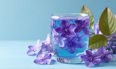 A glass of blue water with violet flowers, set against a light blue background, creates a serene ambiance.