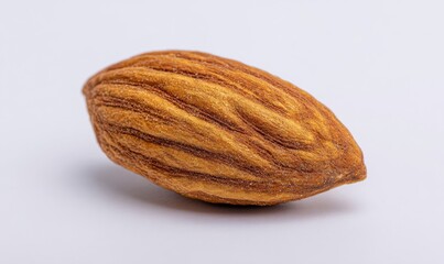 Brown almond on a white background showcasing its natural texture and shape.