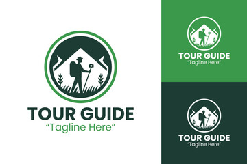 Creative Tour Guide Logo with Traveler and Mountains for Outdoor Adventures and Tourism
