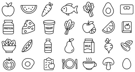 Line art illustration featuring healthy food icons showcasing balanced diet and nutritional values