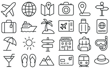Minimalist line art illustration showcasing travel and vacation icons for diverse tourism themes and representations