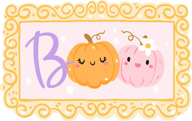 Boo Pumpkins in Ornate Frame Illustration, Cute Halloween Clipart, Kawaii Spooky Fall Decor Graphic

