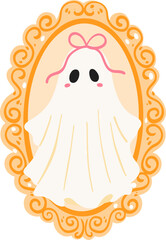 Ghost with Pink Bow in Ornate Frame Illustration, Cute Halloween Clipart, Kawaii Spooky Portrait Graphic

