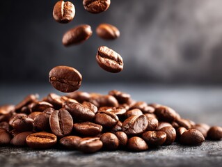 A pile of coffee beans with a few beans falling above against a blurred background.