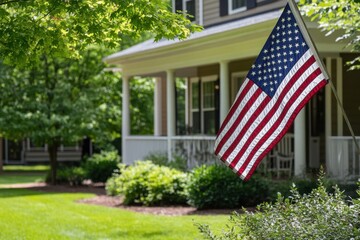 Obraz na płótnie Canvas American flag waving in front of a charming home on a sunny day in a quiet neighborhood, United States flag in front of a home