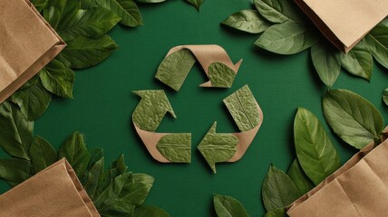 Recycling symbol surrounded by green leaves and eco-friendly packaging materials on a textured surface.