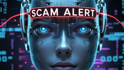A futuristic female AI with glowing blue eyes, displaying a 'Scam Alert' message on her forehead amidst a digital backdrop.