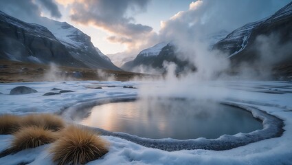 Geothermal Pool in Snowy Mountain Landscape with Steam and Winter Grass